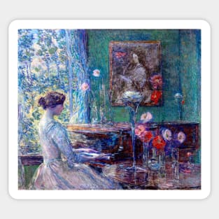 Woman Playing Piano By An Open Window Surrounded By Flowers, Childe Hassam 1899 Sticker